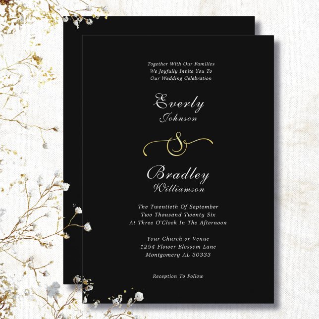 Black Background White Gold Minimal Chic Wedding Einladung (Von Creator hochgeladen)