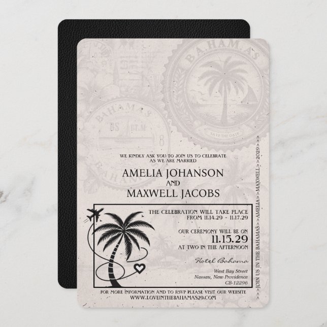 Black Bahamas Passport Hochzeitseinladung Einladung (Vorne/Hinten)