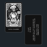 Black Baker Tarot Skeleton Pastry Chef  Visitenkarte<br><div class="desc">Designed for bakers, pastry chefs, and dessert caterers with a love for bold, edgy style, this unique business card features a tarot inspired skeleton chef baker illustration in black and white. Mystical floral and celestial elements give it a distinctive edge while keeping your profession front and center. Ideal for artisan...</div>