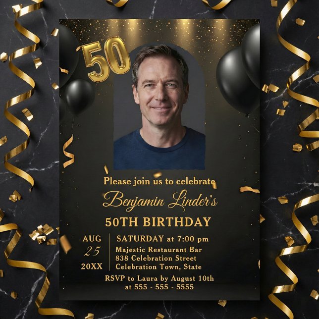 Black Balloons & Gold Confetti Photo 50th Birthday Einladung (Von Creator hochgeladen)