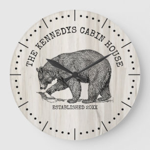 Black Bar Familie Name Natural Wood Cabin House Große Wanduhr