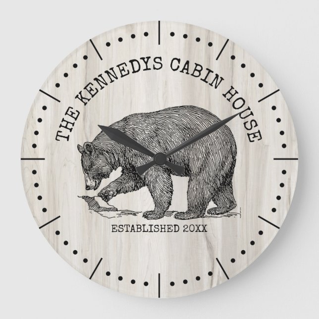 Black Bar Familie Name Natural Wood Cabin House Große Wanduhr (Vorderseite)