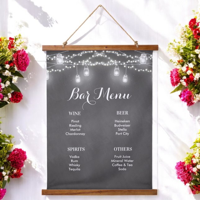 Black Bar Menu Mason Jar Wedding Wandteppich Mit Holzrahmen (Von Creator hochgeladen)