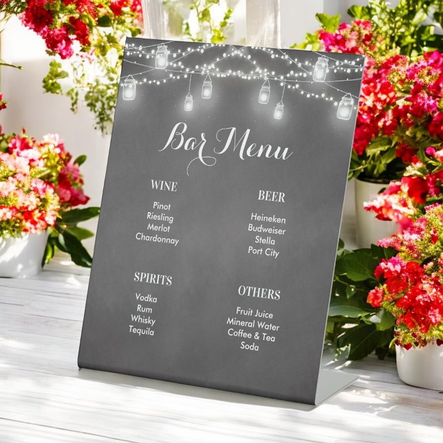 Black Bar Menu White String Lights Wedding Sockelschild (Von Creator hochgeladen)