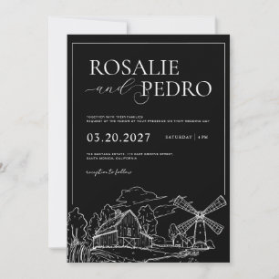 Black Barn Farm Line Art Rustikale Elegante Hochze Einladung