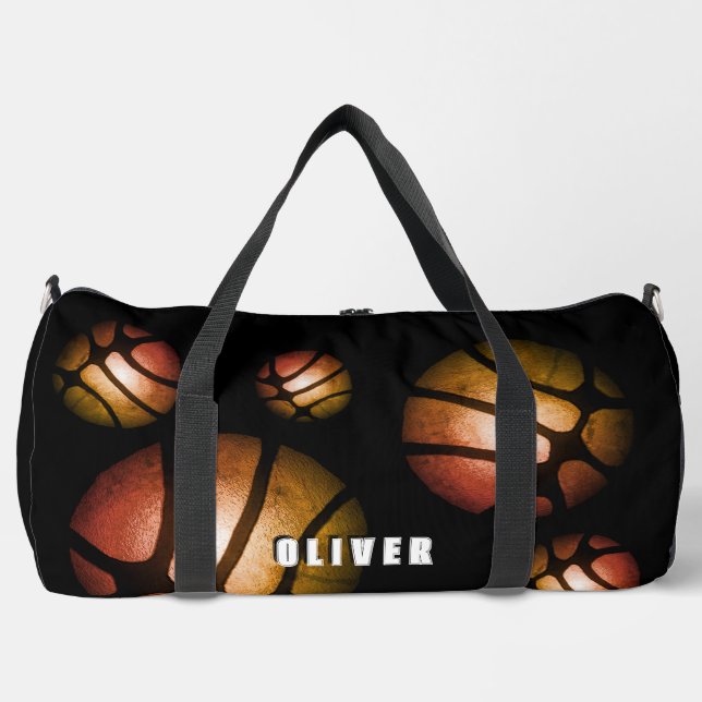 Black Basketball Ball Metallic Pattern Sports Name Duffle Bag (Vorderseite)