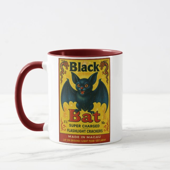 Black Bat Firecracker Vintage Mug Tasse (Links)