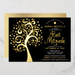 Black Bat Mitzvah Tree of Life Script Real Gold Folieneinladung<br><div class="desc">Seien Sie stolz, freuen Sie sich und präsentieren Sie diesen Meilenstein Ihres Lieblings-Bat Mitzvah! Diese grafische reale Goldfolienbaum mit funkelnd Stern von David und Dot "Blätter" und echter Goldfolie-Kalligraphie-Schrift auf einem reichen, raffinierten, schwarzen Hintergrund ist die perfekte Einladung für diesen besondere Anlass. Ein Imitat goldener Stern von David überlagert ein...</div>