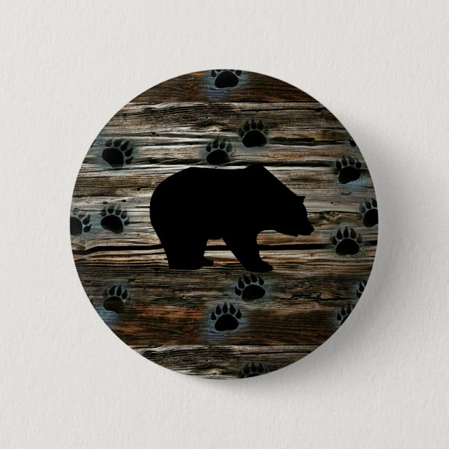 Black Bear Black Bear Paws Rustic Wood Button (Vorderseite)