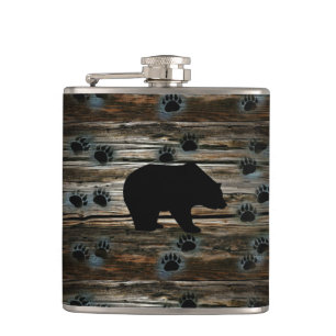 Black Bear Black Bear Paws Rustic Wood Flachmann
