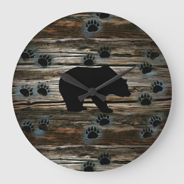 Black Bear Black Bear Paws Rustic Wood Große Wanduhr (Vorderseite)