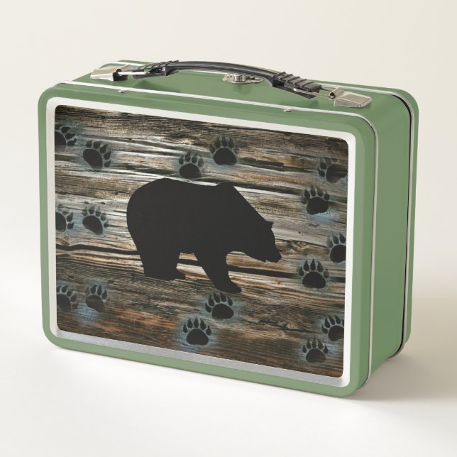 Black Bear Black Bear Paws Rustic Wood Metall Brotdose (Rückseite)