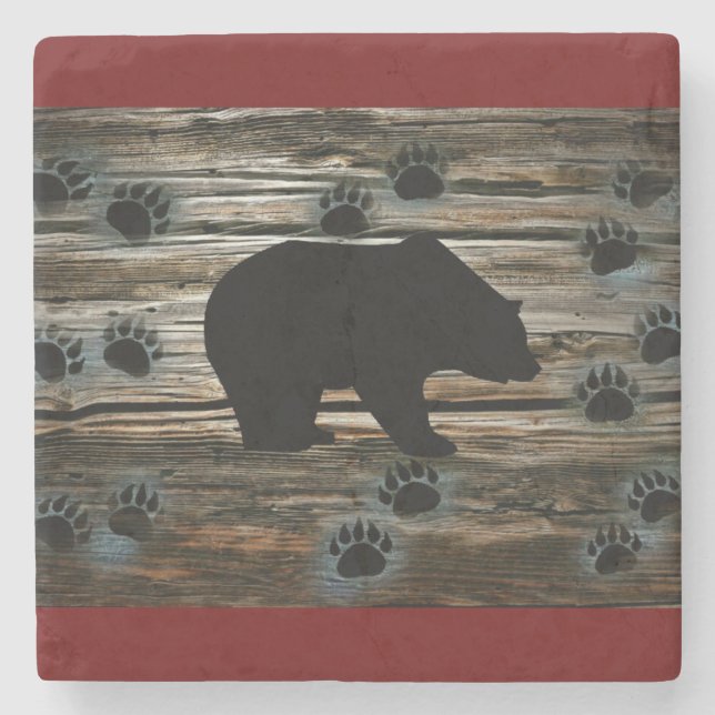 Black Bear Black Bear Paws Rustic Wood Steinuntersetzer (Vorderseite)