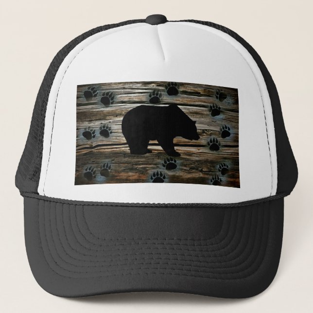 Black Bear Black Bear Paws Rustic Wood Truckerkappe (Vorderseite)