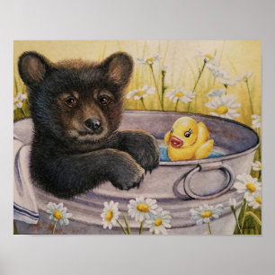 Black Bear Cub Waschen Badewanne Wasserfarbe 11x14 Poster