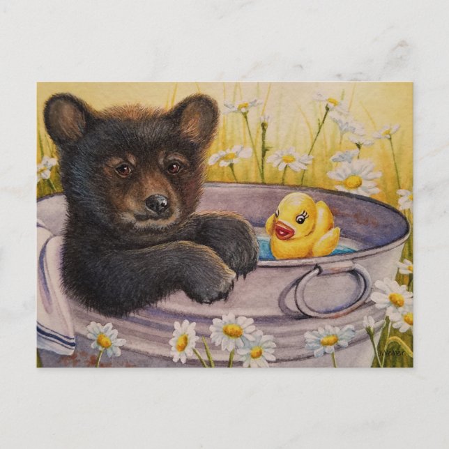 Black Bear Cub Waschen Badewanne Wasserfarbe Kunst Postkarte (Vorderseite)