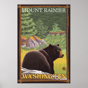 Black Bear in Forest - Mount Rainier, Washington Poster