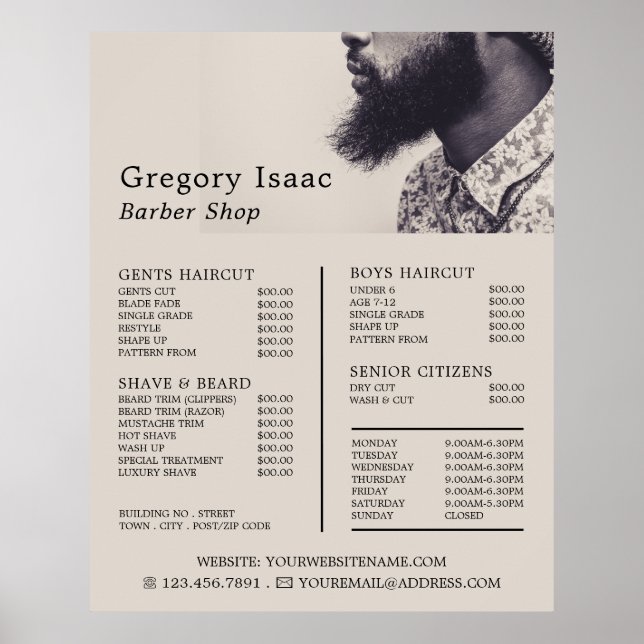 Black Beard Model, Men Barbers Price List Poster (Vorne)