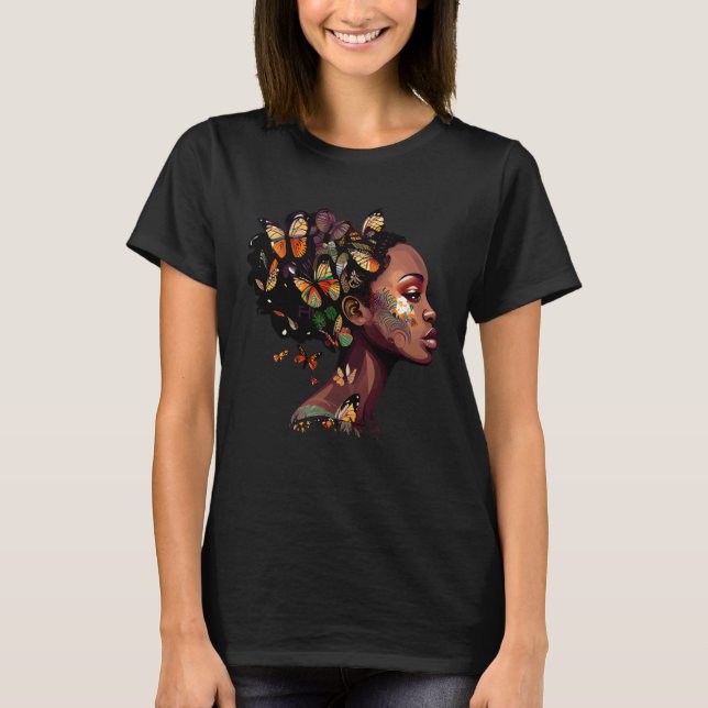 Black Beautiful African Queen Butterfly Hair Fun M T-Shirt (Vorderseite)