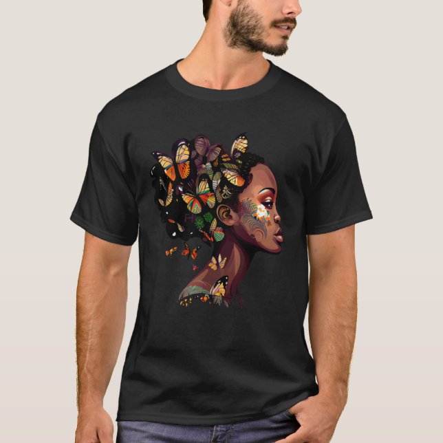 Black Beautiful African Queen Butterfly Hair Fun M T-Shirt (Vorderseite)