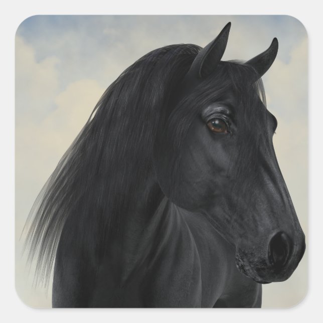Black Beauty - Black Friesian Horse Portrait Quadratischer Aufkleber (Vorderseite)