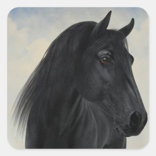 Black Beauty - Black Friesian Horse Portrait Quadratischer Aufkleber