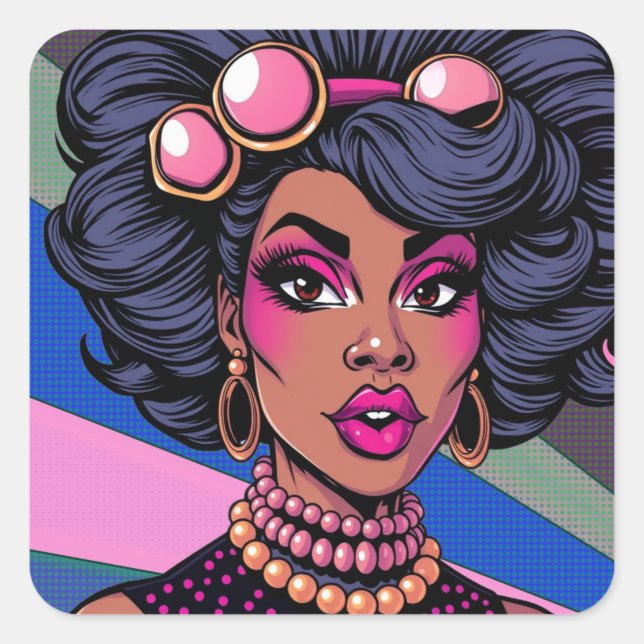 Black Beauty Drag Queen Pop Art Quadratischer Aufkleber (Vorderseite)