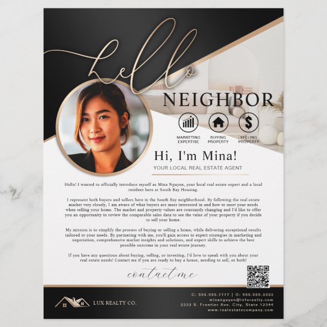 Black & Beige Hello Neighbor Realtor Einführung Flyer (Vorne)