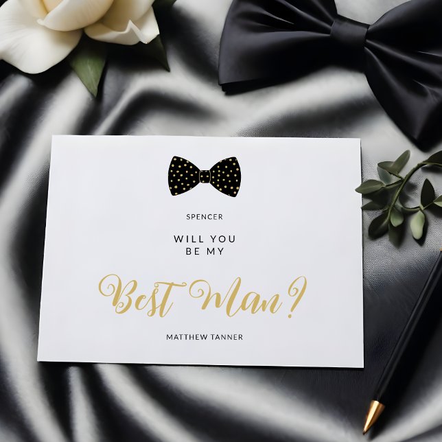 Black Best Man Vintage Bow Wedding Proposal Postkarte (Cute Black & Faux Gold Polka Dots Vintage Bow Tie Best Man Wedding Proposal Postcard.)