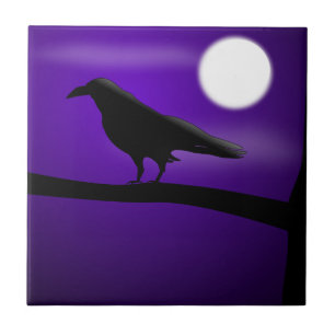 Black Bird auf Zweig Lila Sky Vollmond Fliese
