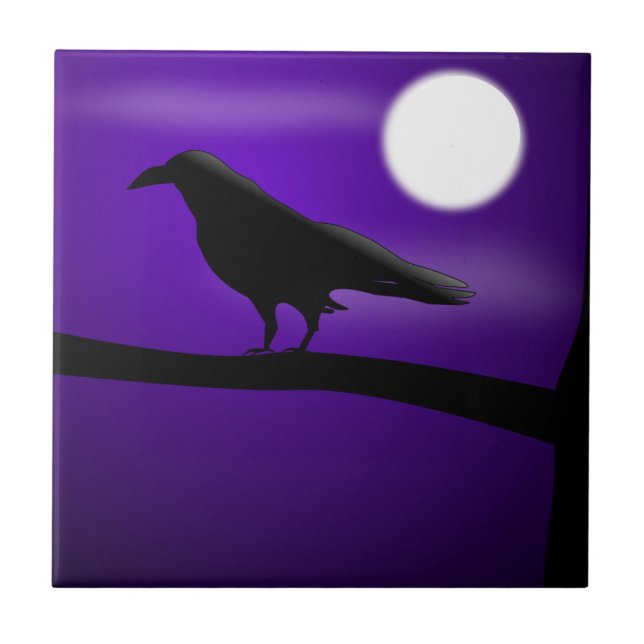 Black Bird auf Zweig Lila Sky Vollmond Fliese (Vorderseite)