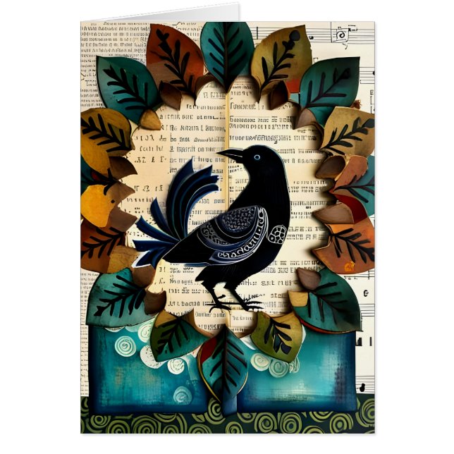 Black Bird Collage Folk Blank Inside Card (Vorne)