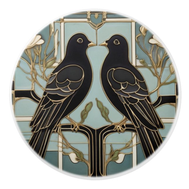 Black Birds Art Nouveau Bird Art Deco Tauben Keramikknauf (Vorderseite)
