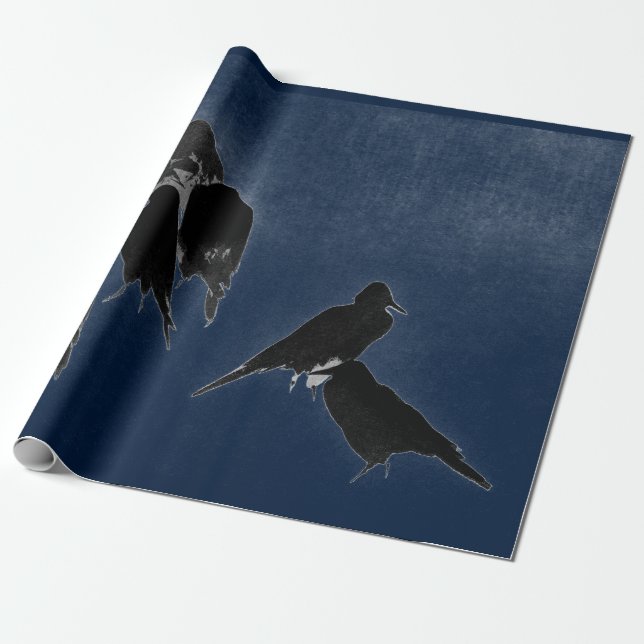 BLACK BIRDS IN BLUE JAPANESE INK PAINTING WRAPPING GESCHENKPAPIER (Ungerollt)