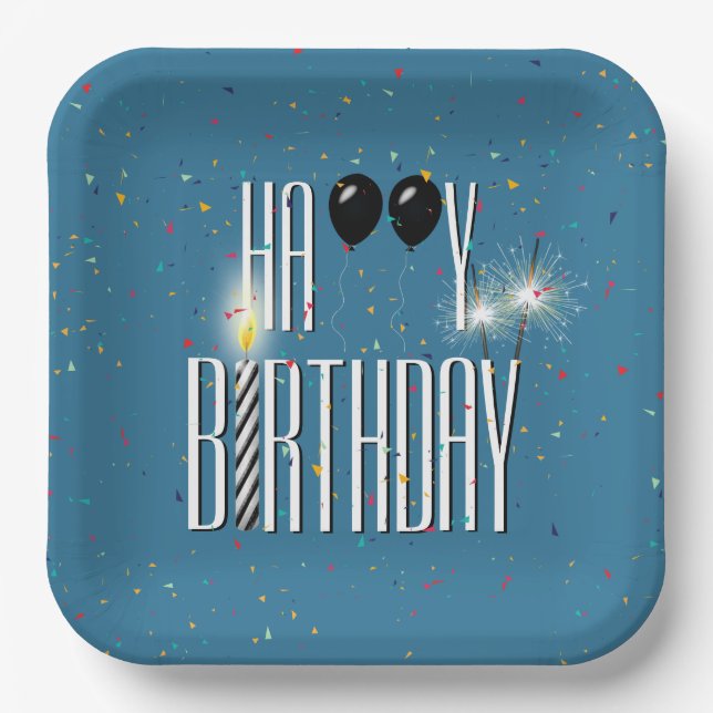Black Birthday Balloons und Sparkler Pappteller (Vorderseite)