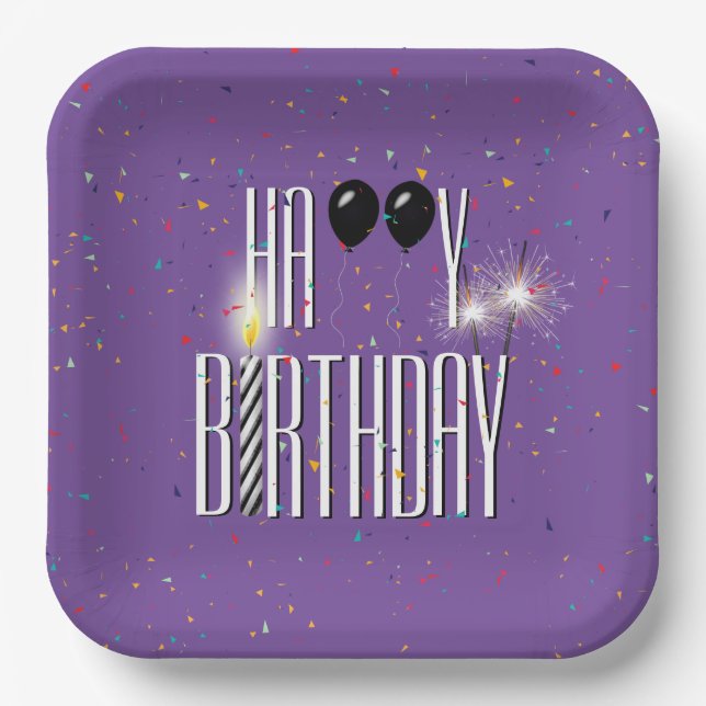 Black Birthday Balloons und Sparkler Pappteller (Vorderseite)