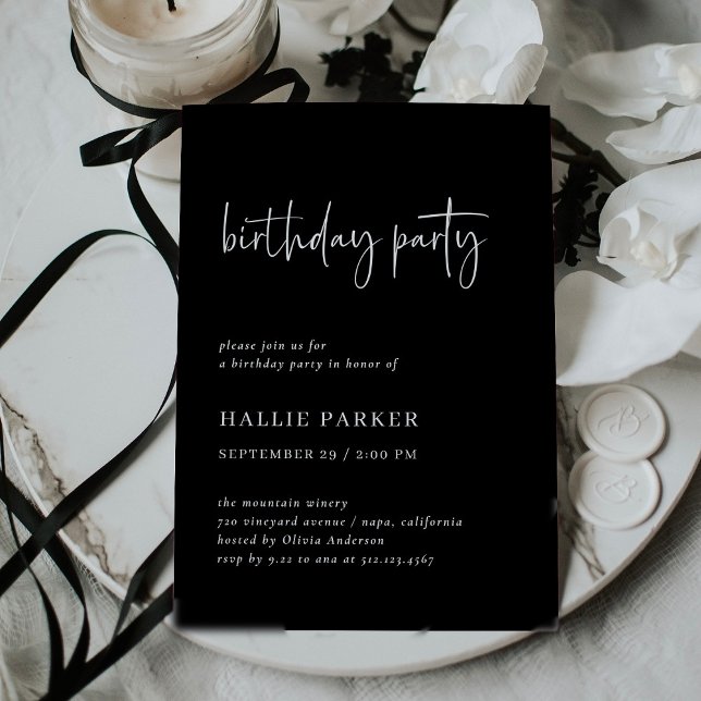 Black Birthday Party | Einfach modern und minimal Einladung (A dark, modern adult birthday party invitation in black)