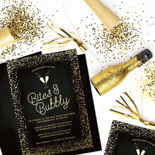 Black Bites & Bubbly Silvester Party Gold Folieneinladung (Von Creator hochgeladen)