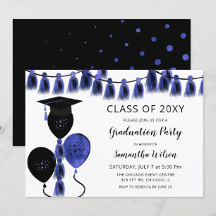 Black Blue Balloons Grad Hat Graduation Party Einladung