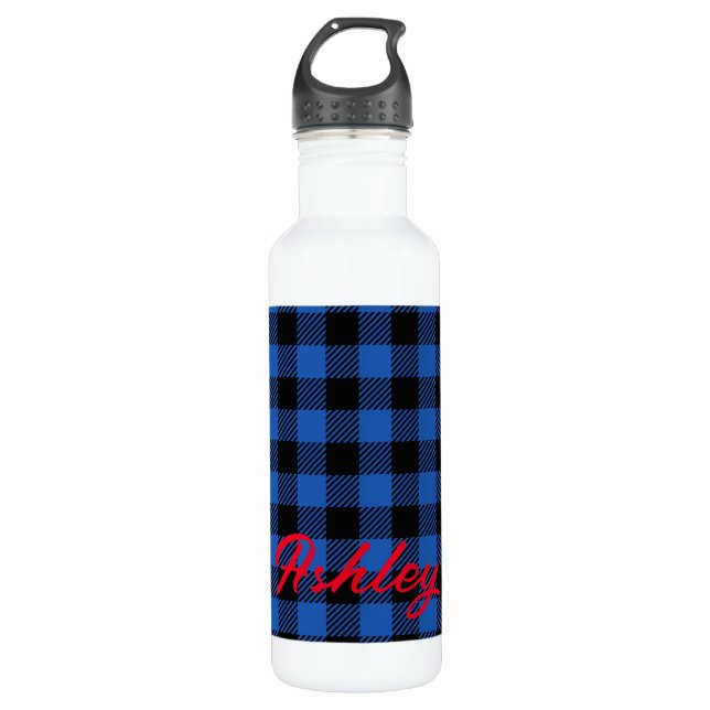 Black Blue Checkered Buffalo Muster | Personalisie Edelstahlflasche (Vorderseite)