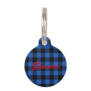 Black Blue Checkered Buffalo Muster Personalisie Haustiermarke