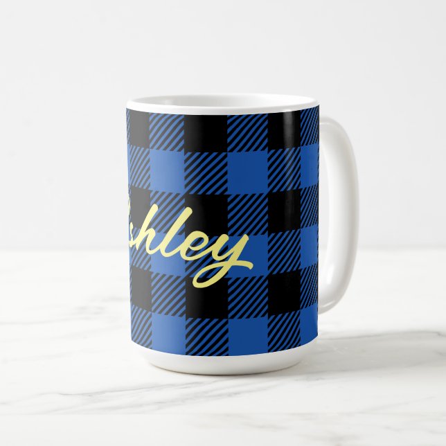 Black Blue Checkered Buffalo Muster | Personalisie Kaffeetasse (VorderseiteRechts)