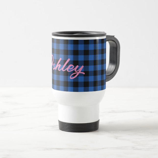 Black Blue Checkered Buffalo Muster | Personalisie Reisebecher (VorderseiteRechts)