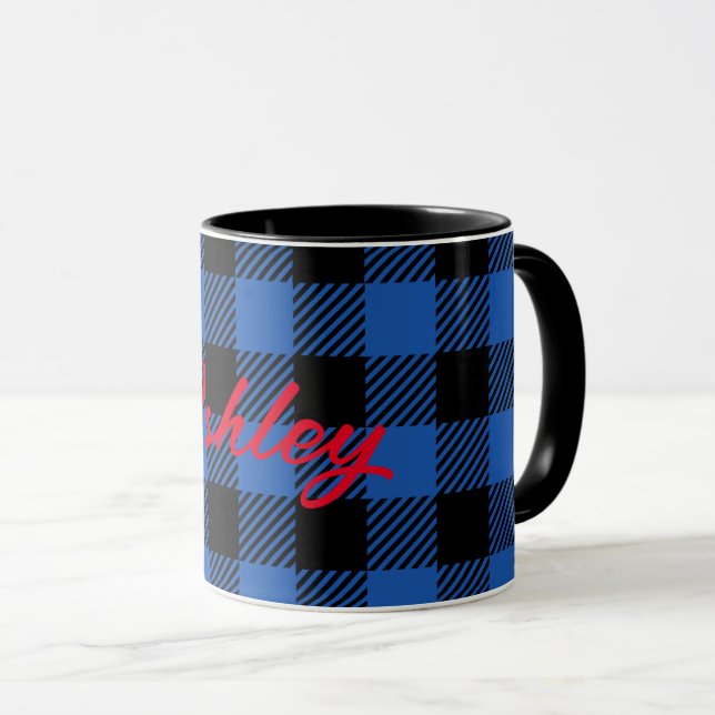Black Blue Checkered Buffalo Muster | Personalisie Tasse (VorderseiteRechts)