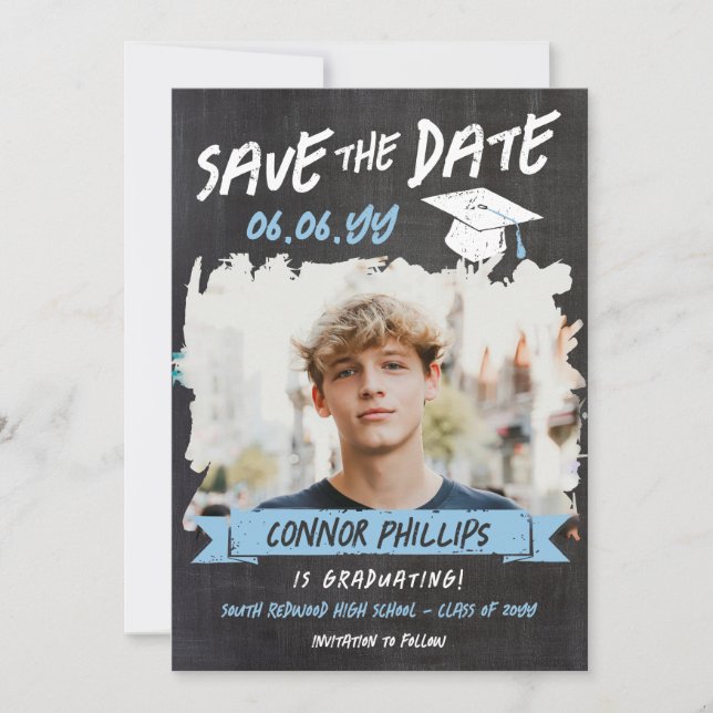 Black Blue Cool Chalk Foto Abschluss Save The Date (Vorderseite)
