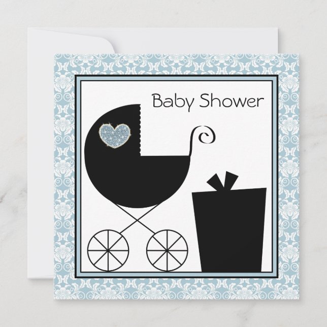 Black Blue Damask Baby Boy Dusche Einladungen (Vorderseite)