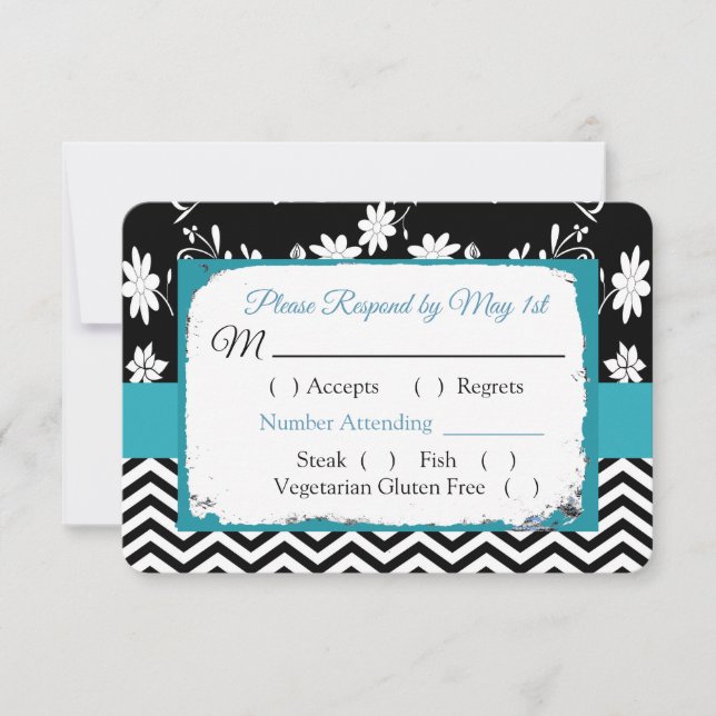 Black & Blue Floral Hearts Wedding RSVP Karte (Vorderseite)