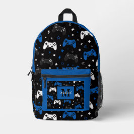 Black Blue Gaming Controller Pattern Monogram Name Bedruckter Rucksack