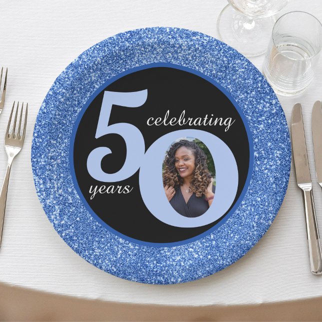 Black & Blue Glitzer 50 Fünfzig Jahre 50. Geburtst Pappteller (Black & Blue Glitter 50 Fifty Years 50th Birthday Paper Plates)