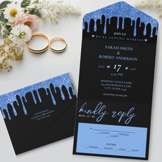 Black & Blue Glitzer Tropfen Wedding All In One Einladung (Black & Blue Glitter Drip Wedding All In One Invitation)